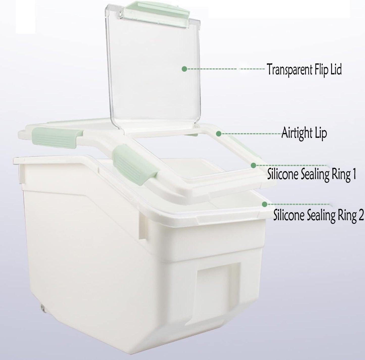 Large Flour Storage Container 25lb, 2 Pack BPA FREE Plastic Airtight Rice Storage Bin Pantry and Kitchen Food Organization, Barrel Measuring Cup and Airtight Lid for Sugar [Green ]