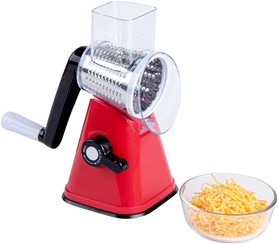 Restaurantware Met Lux 11 x 7 x 6 Inch Cheese Grater With Handle 1 Heavy-Duty Rotating Cheese Grater - Dishwashable Red Plastic Food Shredder Suction Feet For Vegetables Nuts & More