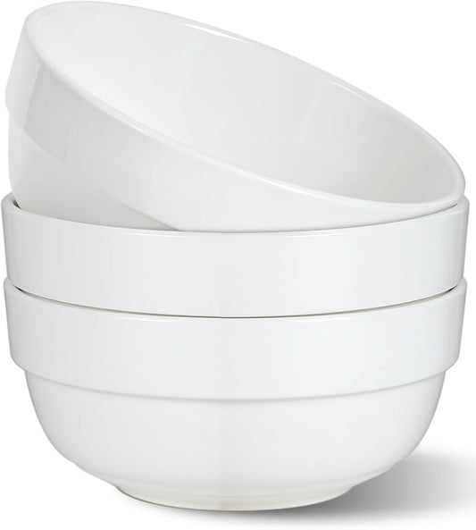 HAPPY KIT Large Serving Bowls 7 Inch 40 Ounces Soup Bowls,White Ceramic Salad Bowl Set of 3 for Kitchen,Pasta Bowls, Pho, Noodle, Cereal - Dishwasher & Microwave Safe