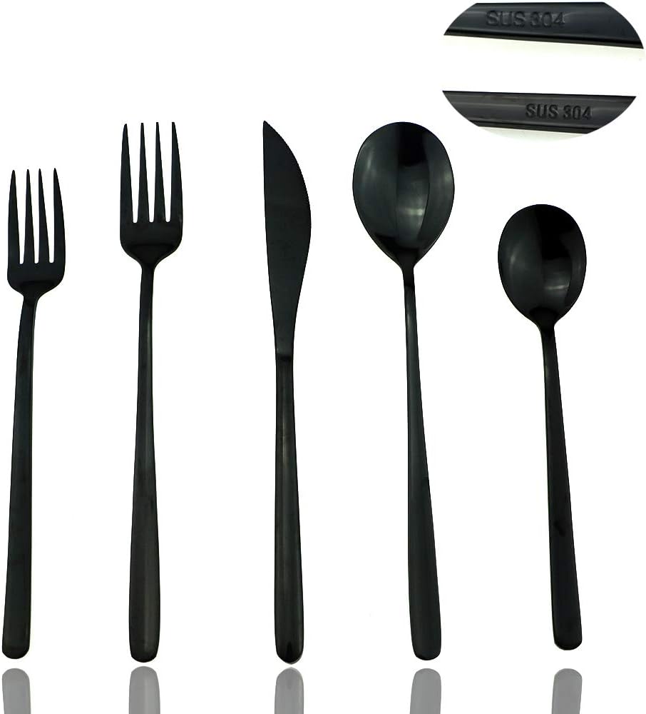 JASHII Mirror Polished Black 20-Piece SUS304 Stainless Steel Flatware Set,Silverware Set Dinner Knife Fork Spoon Dessert Fork Salad Spoon Service for 4