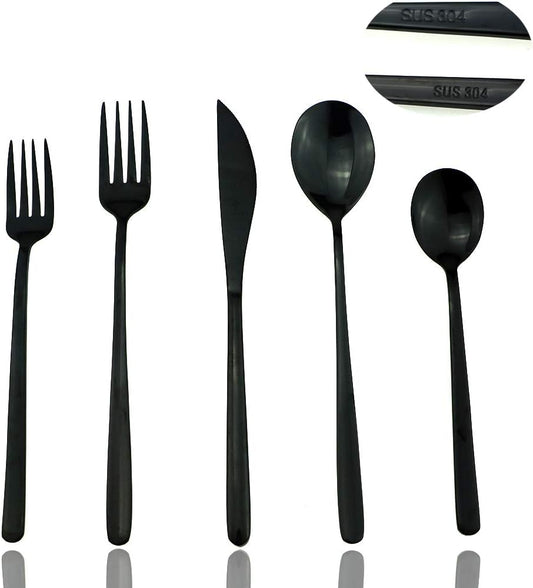 JASHII Mirror Polished Black 20-Piece SUS304 Stainless Steel Flatware Set,Silverware Set Dinner Knife Fork Spoon Dessert Fork Salad Spoon Service for 4