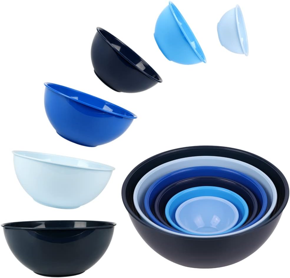 BoxedHome BPA Free Plastic Round Mixing Bowl with Lids, 12 Pack Nesting Bowls with Lids Set, Microwave and Dishwasher Safe Prep & Serving Bowls Great for Mixing, Baking, Serving (Blue, 12pcs)