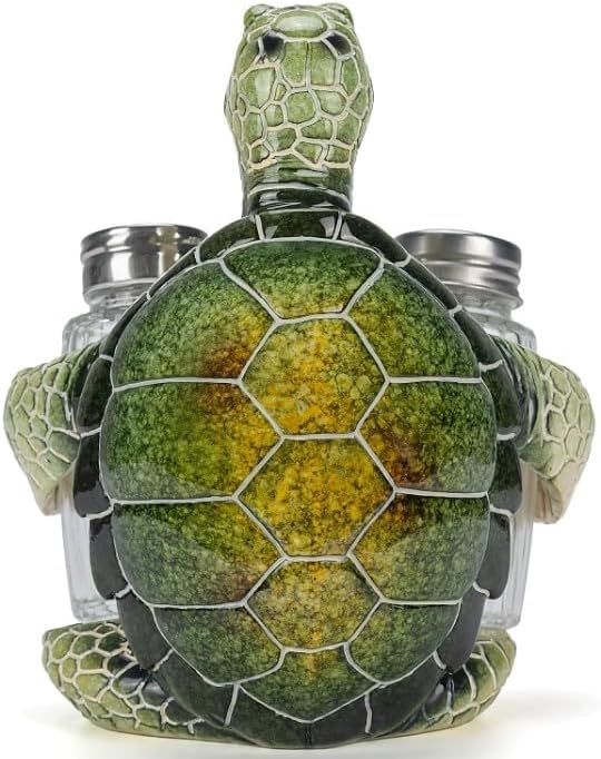Decorative Green Sea Turtle Salt and Pepper Shaker Holder, Coastal Kitchen Decor (Greenturtle)