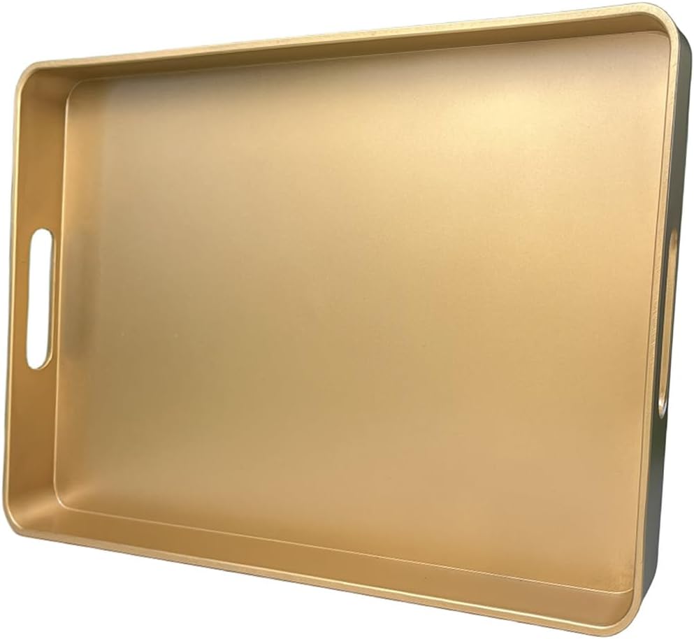 Gold Decorative Tray, Serving Tray with Handles, Plastic Rectangular Tray for Ottoman Coffee Table, Bathroom, Living Room. 15.7"*10.2"