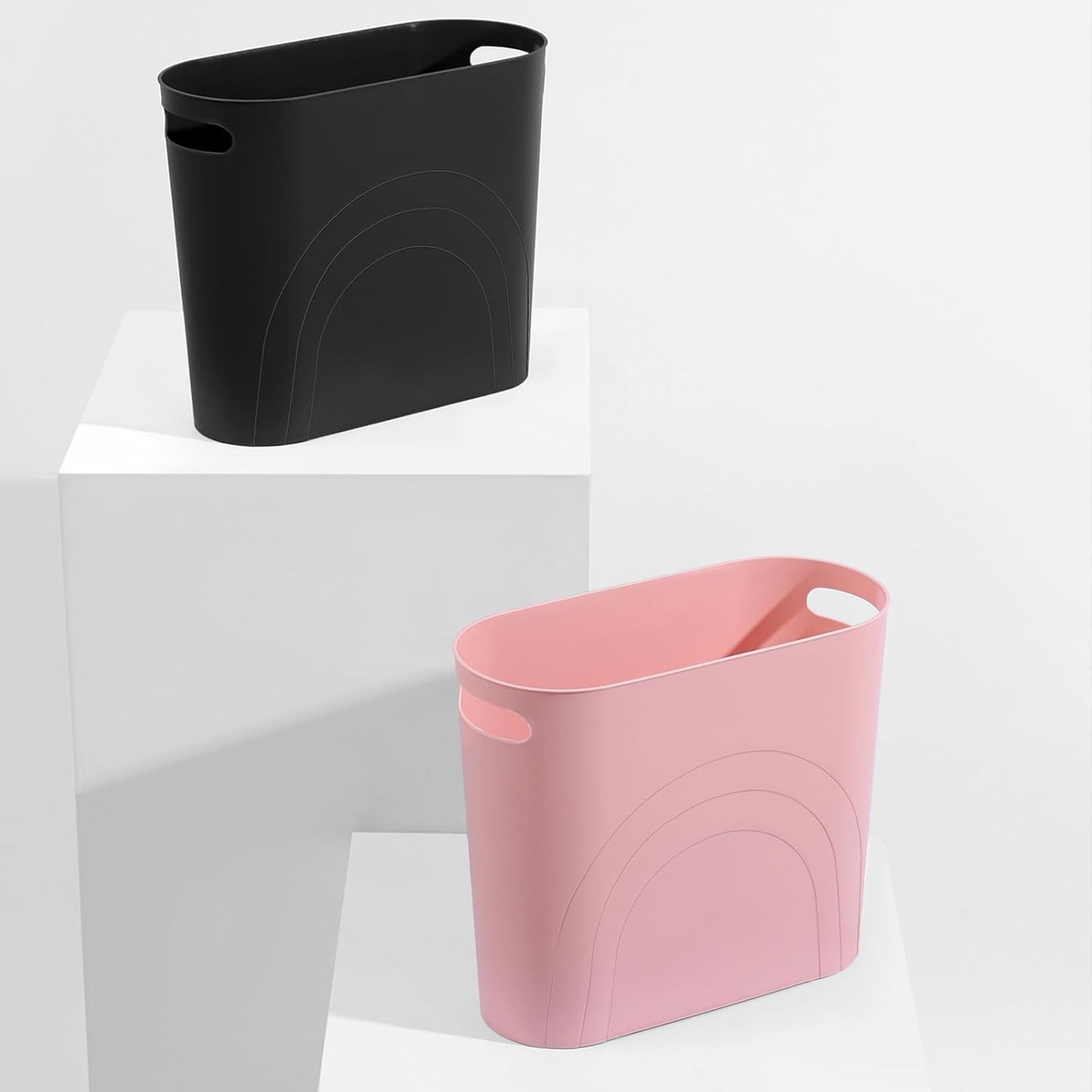 rejomiik Small Trash Can, 3.5 Gallon Slim Garbage Can Plastic Waste Basket with Handles Container Bin for Narrow Spaces Bathroom, Bedroom, Kitchen, Office at Home, Rosette Pink