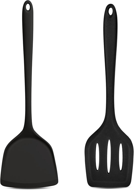 TeamFar Silicone Spatulas, 2pcs Solid & Slotted Cooking Turner for Non-stick Cookware, Kitchen Utensils for Flipping/Frying, Healthy & Seamless, Heat-Resistant & Non-Scratch, Dishwasher Safe, Black
