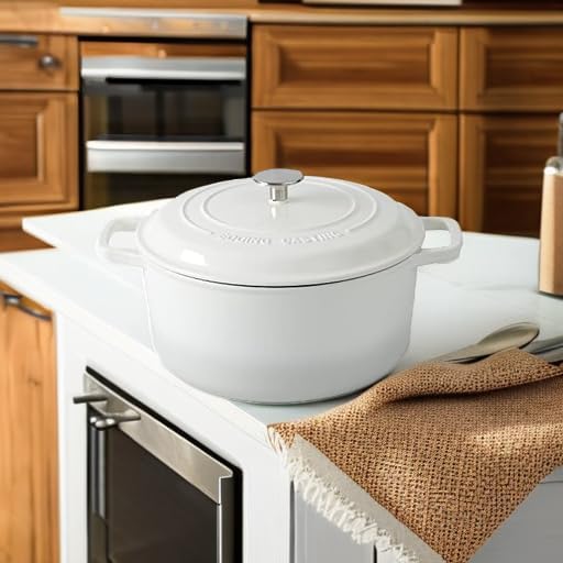 Enameled Cast Iron Dutch Oven Pot With Lid, Dutch Oven for Sourdough Bread Baking Round Pot Dule Handle, 6 Quart, White