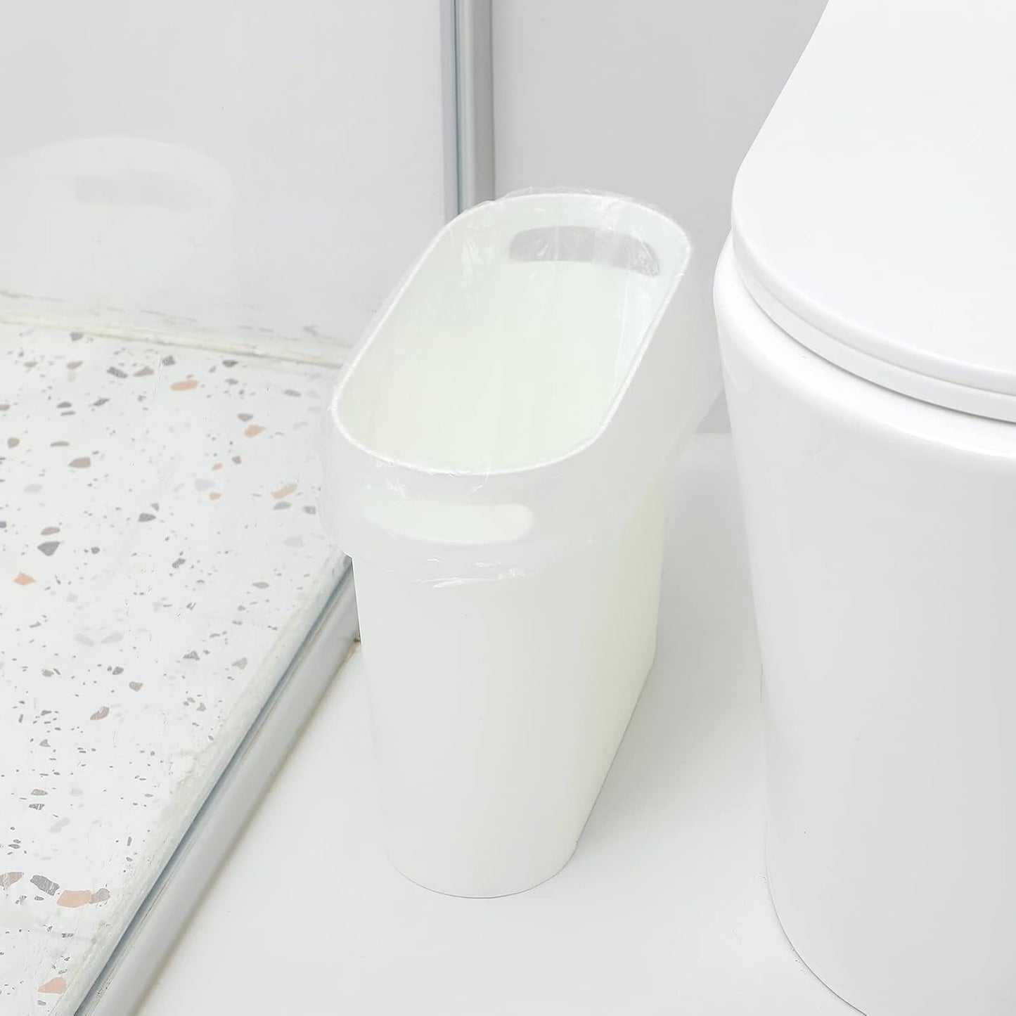 rejomiik Small Trash Can, 3.5 Gallon Slim Garbage Can Plastic Waste Basket with Handles Container Bin for Narrow Spaces Bathroom, Bedroom, Kitchen, Office at Home, 2 Pack White