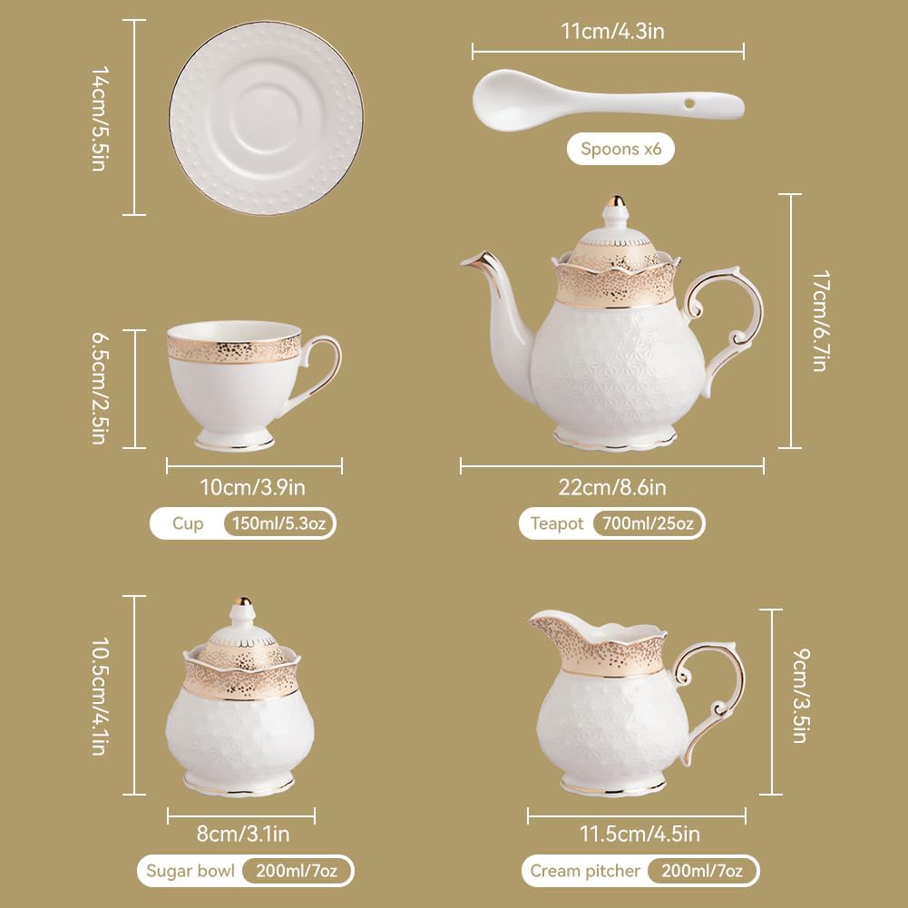 Sweejar 21 Pieces Porcelain Tea Set, Vintage Gold Trimmed Teapot Cup and Saucer Set, Tea Cup for Loose Tea, Sugar Bowl and Creamer Pitcher with Spoons, Service for 6(Classic Gold)