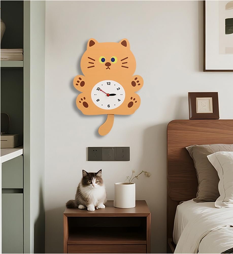 Adorable Cat Swing Wall Clock with Wagging Tail - Silent Non-Ticking Pendulum Clock, Cute Cartoon Animal Design for Kids Room, Nursery, Home Decor, for Cat Lovers (YBZ001-Yellow)
