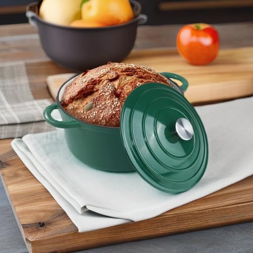 4.5 Quart Dutch Oven Pot with Lid, Non Stick Enameled Cast Iron Dutch Oven for Bread Baking, Heavy-Duty, Oven Safe Ceramic Cookware Up to 500°F for Baking, Braising, Stews, Roasting, Green