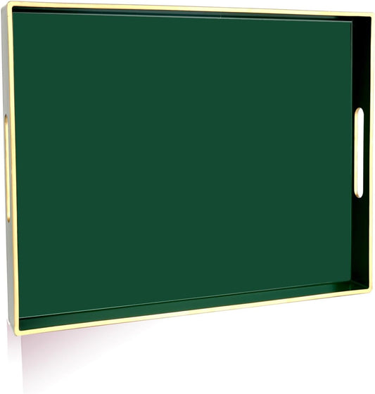 Gifturbo Large Serving Tray with Handles，Green Rectangular Plastic Elegant Decorative Coffee Table Trays for Ottoman, Living Room, Bathroom, Home Decor, Vanity Tray with Gold Trimming, 15.7” x 11.8”