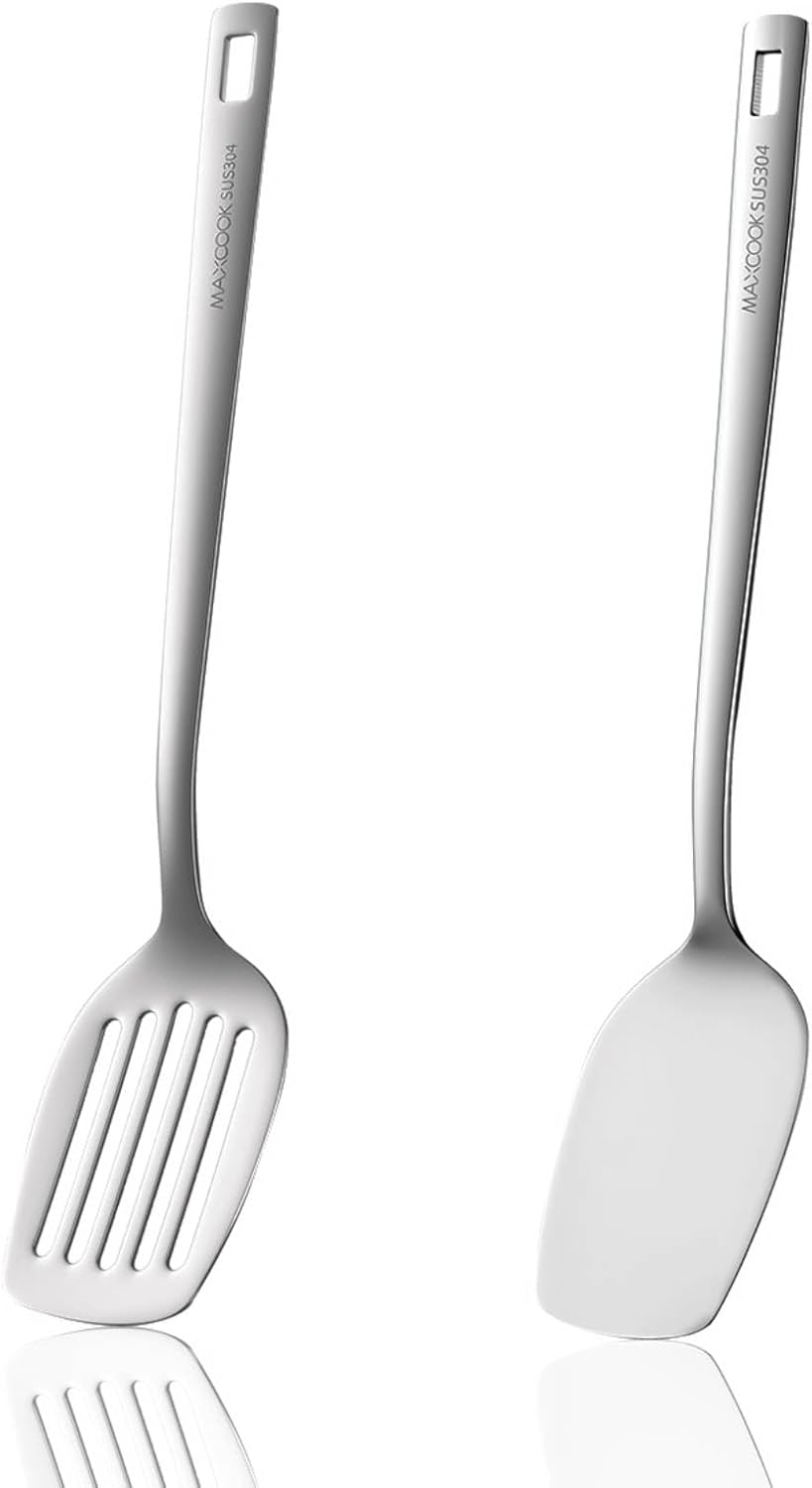 Professional Stainless Steel Cooking Utensils Set, 2 Pcs Metal Spatula Wok Turner, Wok Spatula Kitchen Cooking Tools for Sauteing, Flipping, Grilling (Dishwasher Safe)