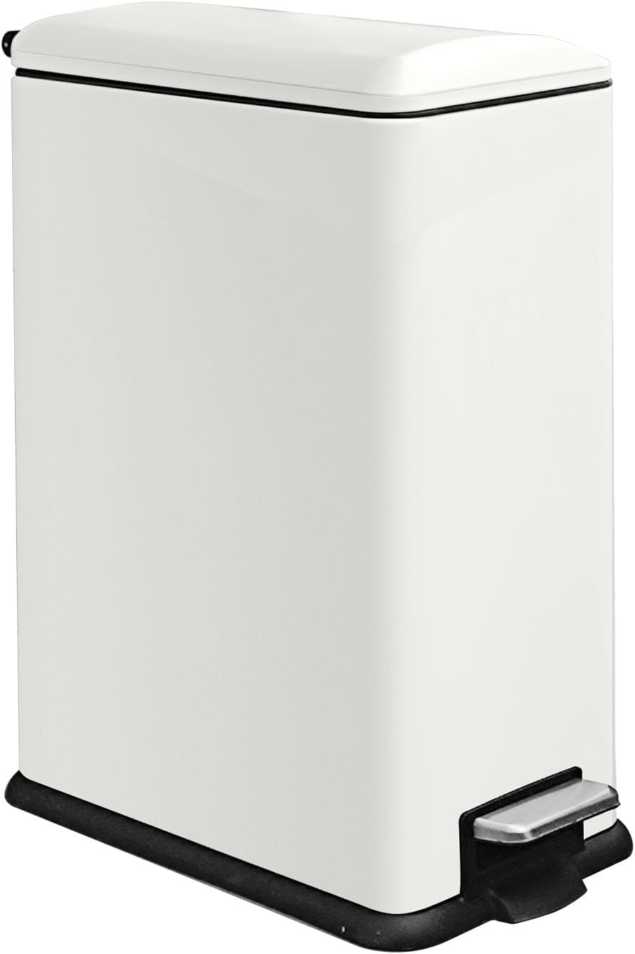 12 Gallon Slim Stainless Steel Trash Can with Soft-Close Lid & Removable Inner Bucket, Fingerprint-Proof, Odor-Controlled Kitchen Bathroom & Office Waste Bin, White