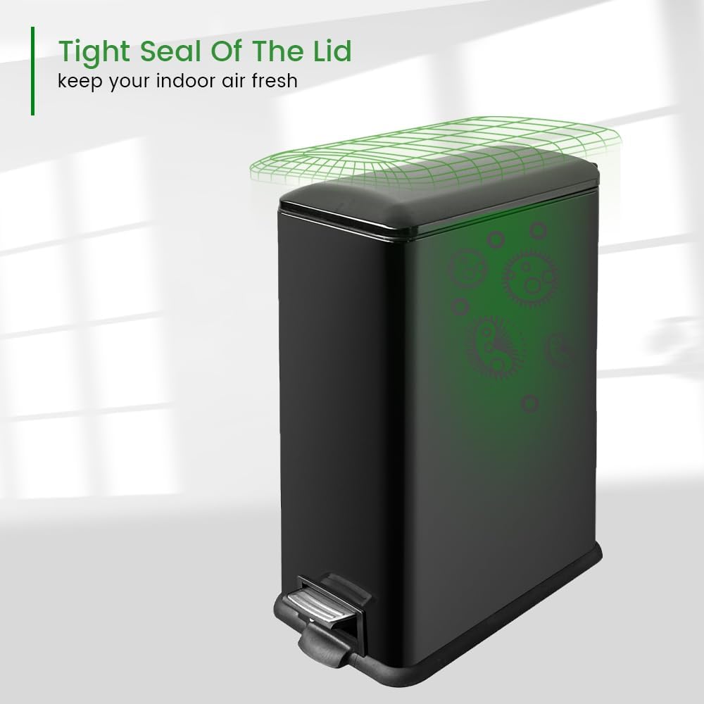 12 Gallon Slim Trash Can with Lid，45 Liter Kitchen Garbage Can,Black Stainless Steel Step Bin for Narrow Spaces with Soft-Close Lid, Inner Bucket, and Step-on Pedal