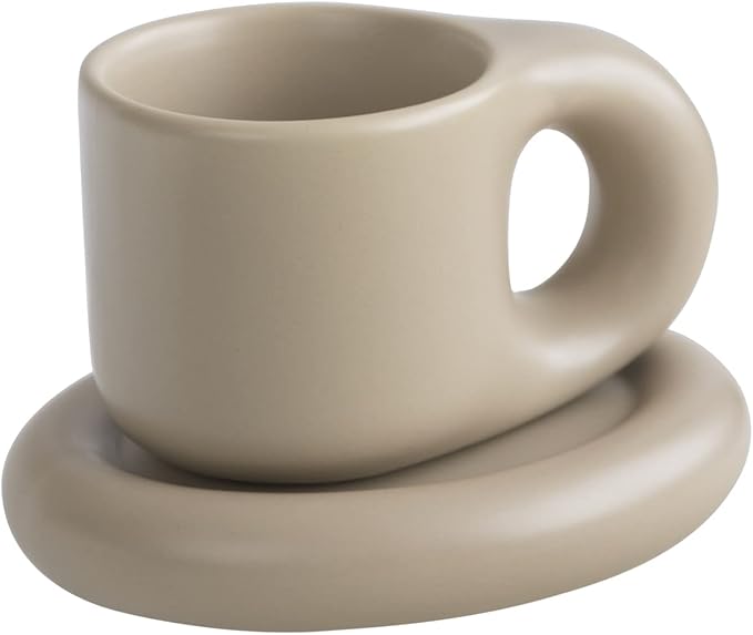 WENSHUO Chubby Funny Coffee Mug, Novelty Cute Cup and Saucer, Matte Crème, 9 oz (Coconut Café)