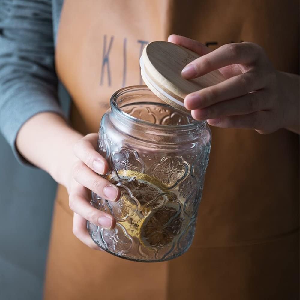 Vintage Glass Jars Set Canister Airtight Storage Jar Container with Bamboo Wooden Lids for Kitchen Counter, Pantry, Coffee, Tea, Sugar, Cute Jar, 2 Pack 23.7 FL OZ (Begonia & Sunflower)