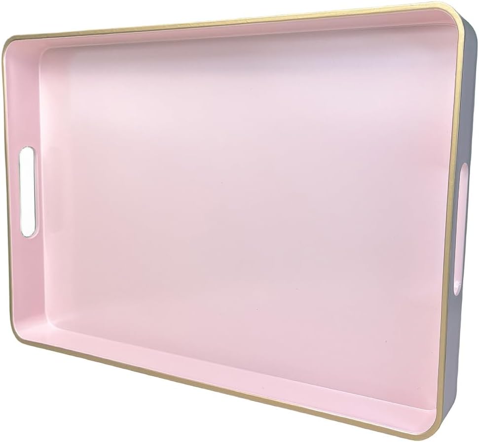 Pink Coffee Table Tray, Decorative Serving Tray with Handles, Plastic Rectangular Tray for Ottoman, Bathroom, Living Room. 15.7"*10.2"