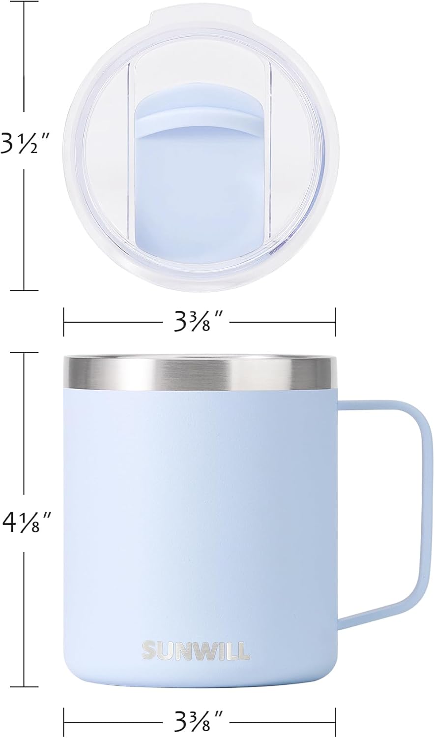 SUNWILL Insulated Coffee Mug with Lid, Travel Tumbler with Handle, 14 oz Stainless Steel Cup for Camping, Office, Home, Powder Coated Iceberg