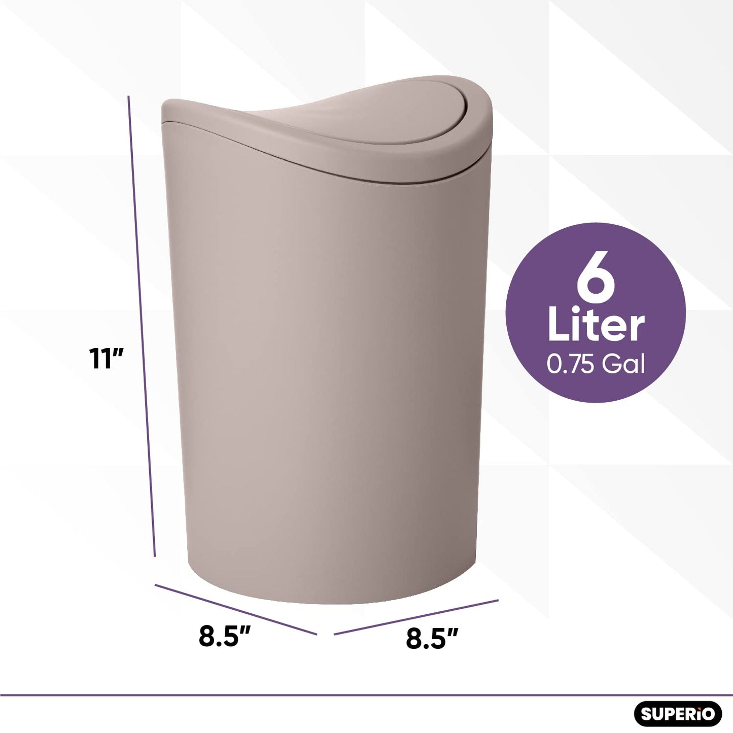 Superio Small Bathroom Trash Can with Lid, Modern Mini Waste Bin with Swing Lid (1 1/2 Gallon, 6 Liter) Plastic Garbage Can for Kitchen, Bathroom, Bedroom, Office, Under Desk (4, Taupe)