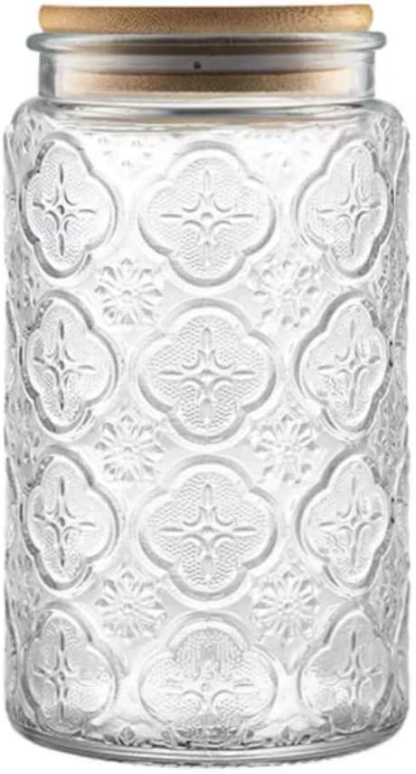 ANSQU Vintage Glass Storage Jar, 34 FL OZ Glass Food Storage Containers with Bamboo Lid, Airtight Cookie Jar Candy Jar for Kitchen Counter, Pantry, Coffee, Tea, Sugar (Round, Begonia)