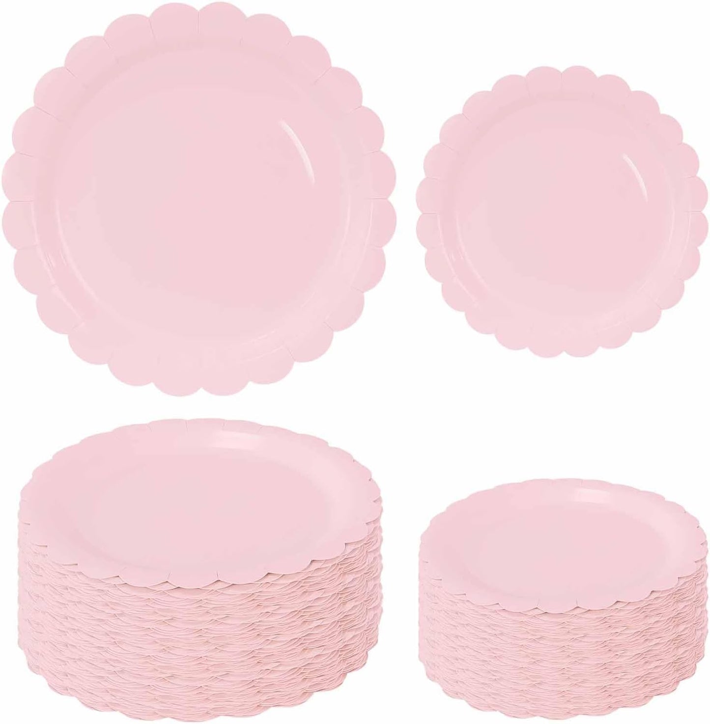 50 Pcs Light Pink Scalloped Paper Plates 25 × 7'' and 25 × 9'' Disposable Pink Scalloped Dinner Plates for Wedding Baby Shower Birthday Party Disposable Dessert Plate