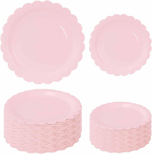 50 Pcs Light Pink Scalloped Paper Plates 25 × 7'' and 25 × 9'' Disposable Pink Scalloped Dinner Plates for Wedding Baby Shower Birthday Party Disposable Dessert Plate
