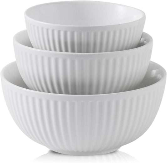 Hasense Ceramic Ribbed Nesting White Bowls 1.5/1/0.5 Qt For Kitchen, Cooking, Baking and Serving Salad Bowls for Pasta, Small Mixing Bowls of 3, Modern Space Saving Dishes for Kitchen