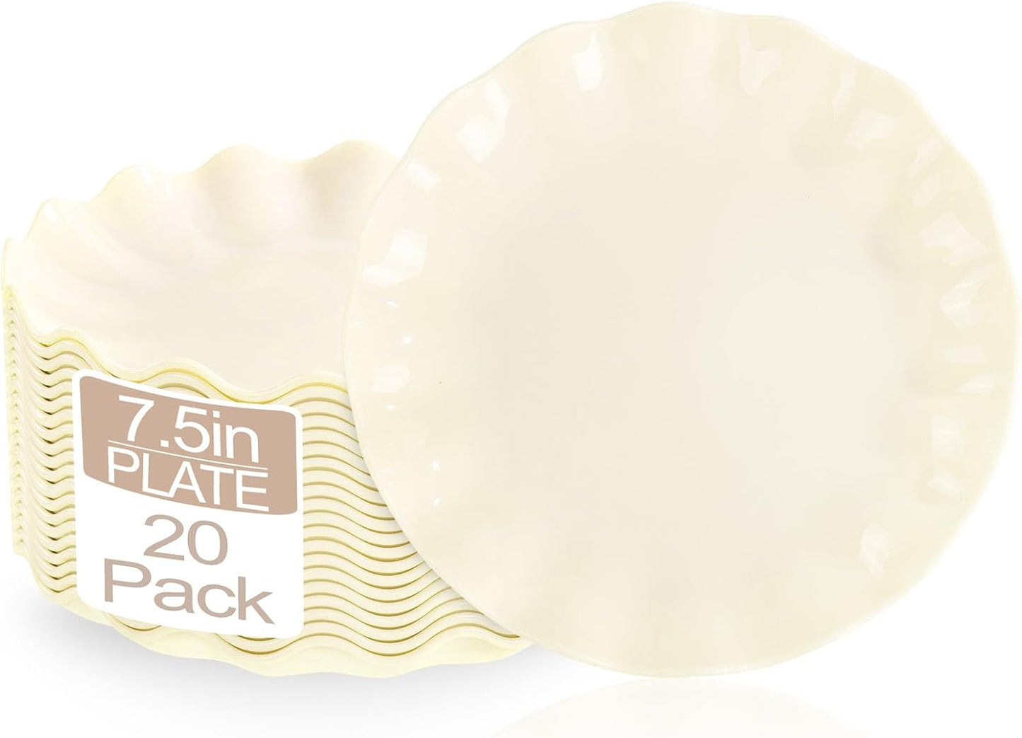 LIYH 20 Pcs Beige Plastic Plates Reusable 7.5 Inch - Unbreakable Plastic Dessert Plates - Scalloped Cake Plate for Weddings Camping Party Outdoor Picnics Dishwasher Safe BPA Free