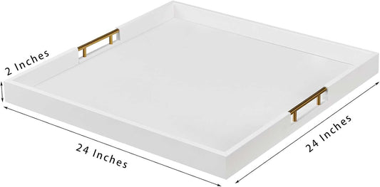 24x24 Inches Extra Large White Faux Leather Wrapped Wood Ottoman Tray with Golden Handles for Serving Food and Breakfast On Bed, Square Coffee Table Organizer, Home Decor and Decorative