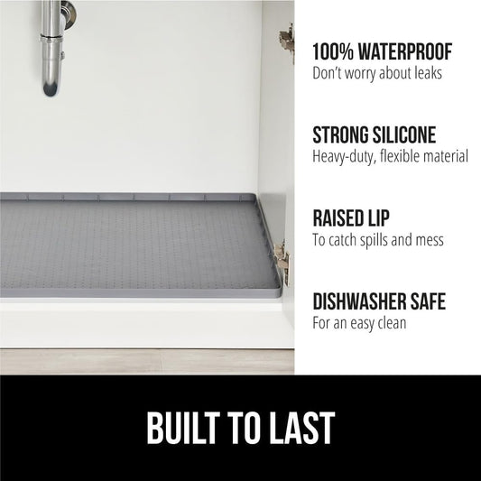GORILLA GRIP Waterproof Silicone Under Sink Mat with Raised Lip for Kitchen and Bathroom, Cabinet Shelf Liner Stay in Place Mats Dishwasher Safe Drawer Liner, Organizer Tray, 19 x 34 in, Gray