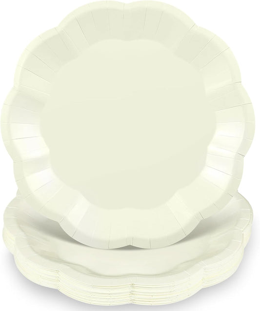 30pcs Thanksgiving Paper Plates 9 Inch Ivory Scalloped Paper Plates Disposable Cream Dinner Plate for Thanksgiving, Friendsgiving, Weeding, Birthday, Baby Shower