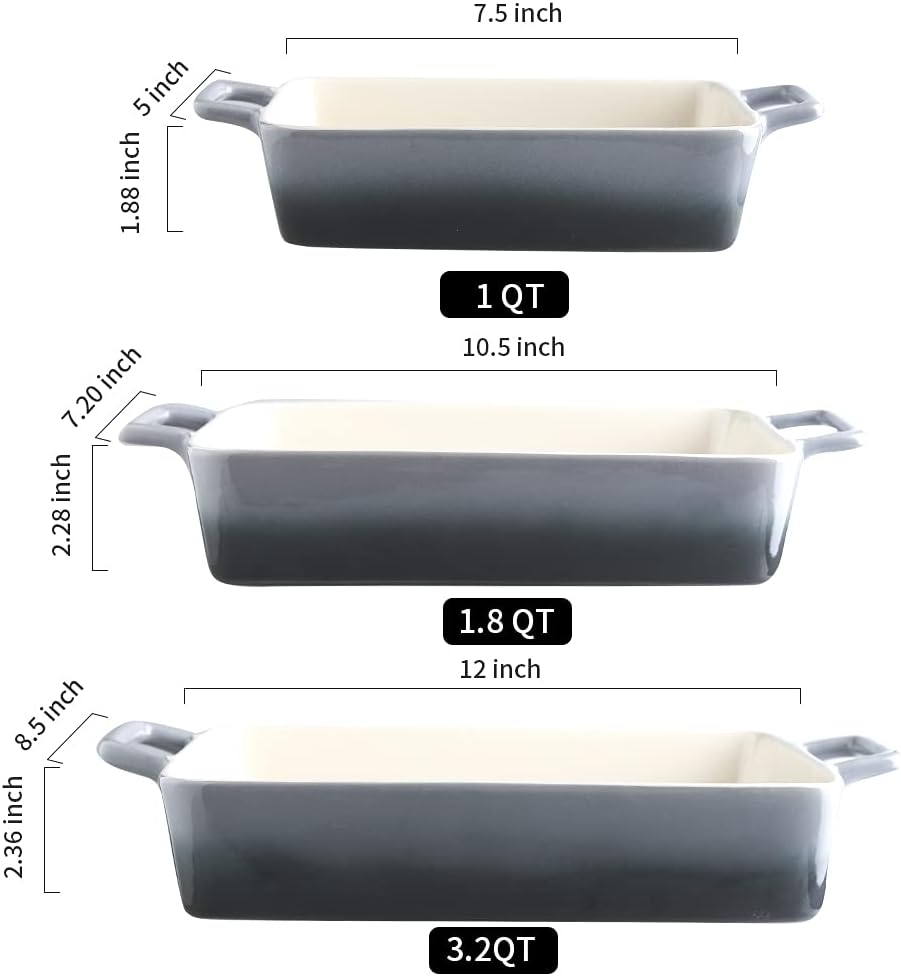 Bakeware Set, Ceramic Baking Dish, Rectangular Baking Pans for Cooking, Cake Dinner, Kitchen, Banquet and Daily Use, 12 x 8.5 Inches, 3-Piece (Gradient Gray)