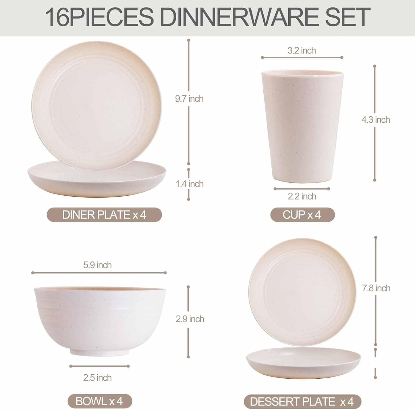 Rubtlamp Wheat Straw Dinnerware Sets, 16PCS Plastic Dinnerware Set for 4, Wheat Straw Plates and Bowls Sets, Unbreakable Dinnerware Plastic Microwave Safe Dishes Set for Kitchen&Camping