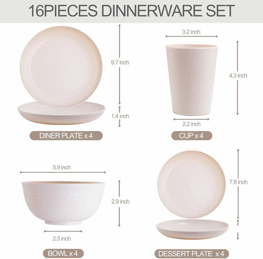 Rubtlamp Wheat Straw Dinnerware Sets, 16PCS Plastic Dinnerware Set for 4, Wheat Straw Plates and Bowls Sets, Unbreakable Dinnerware Plastic Microwave Safe Dishes Set for Kitchen&Camping