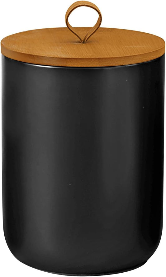 Ceramic Storage Jars, Modern Elegant Highly Polished Airtight Gorgeous Storage Canisters with Wooden Lid Small Food Stroage Jar for Kitchen Spice Tea Vanilla Sugar Coffee Beans (Black medium)