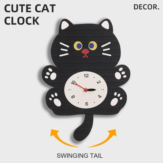 FASHION in THE CITY Cute Cat Pattern Tail Swing Wall Clock - Pendulum Design for Kids' Room, Living Room, Bedroom - Decorative & Quiet Analog Clock for Home Decoration(YBZ001-Black)