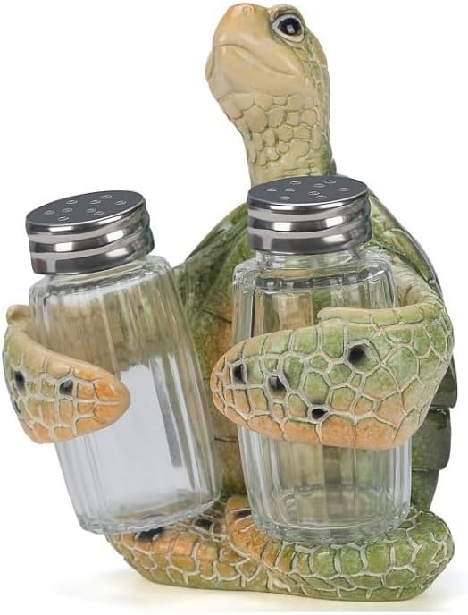 Decorative Green Sea Turtle Salt and Pepper Shaker Holder, Coastal Kitchen Decor (Greenturtle)