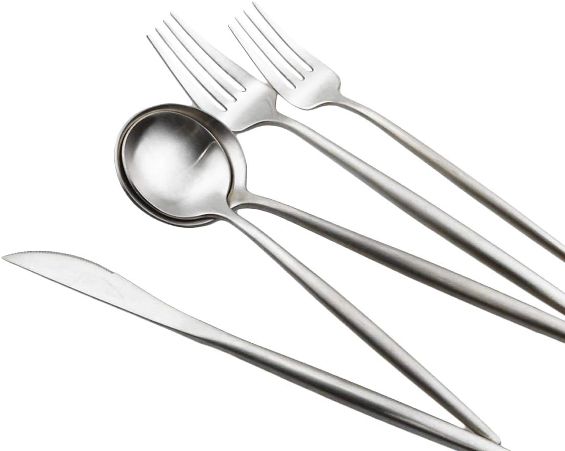Gugrida Luxury Flatware, Royal 20 Piece Matte White Handle 18/10 Stainless Steel Tableware Sets for 4 Including Forks Spoons Knives, Camping Silverware Travel Utensils Set Cutlery (Full Silver)