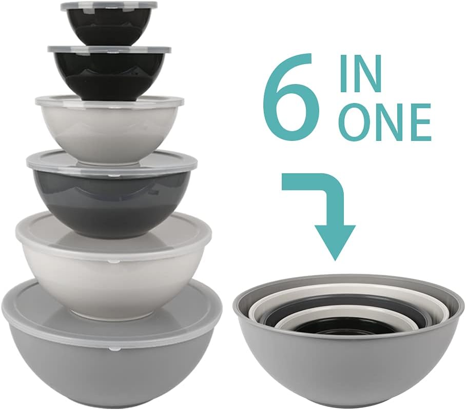 BoxedHome BPA Free Plastic Round Mixing Bowl with Lids, 12 Pack Nesting Bowls with Lids Set, Microwave and Dishwasher Safe Prep & Serving Bowls Great for Mixing, Baking, Serving (Grey, 12pcs)
