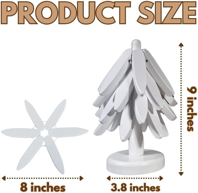 Wooden Trivets for Hot Dishes, Tree Trivet Set, Stackable Tree Coasters for Hot Dish, Pot, Bowl, Teapot, Includes 4 Trivets, 1 Stand, and 4 of Choice (White)