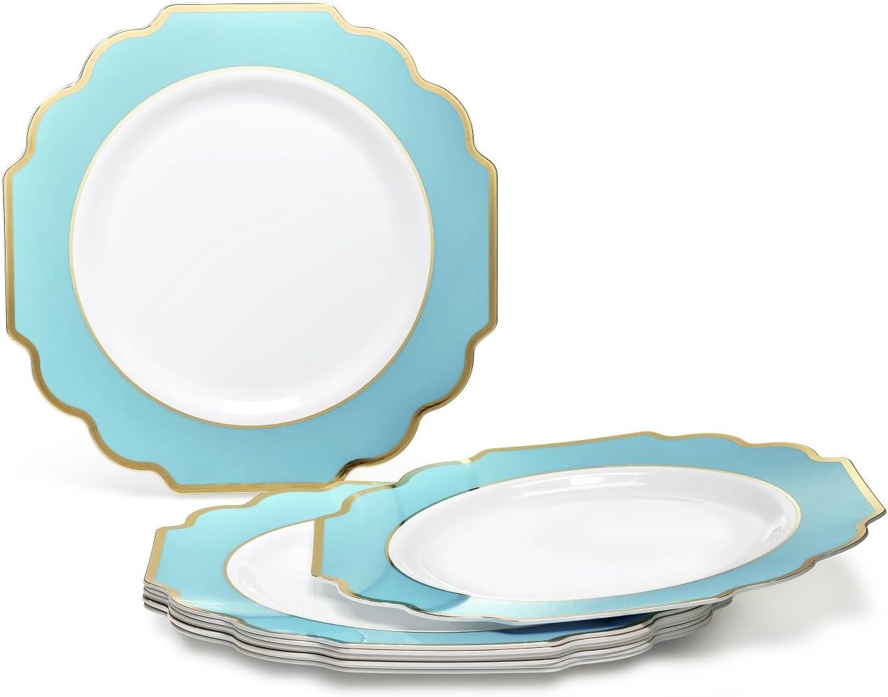 " OCCASIONS " 80 Plates Pack,(40 Guests) Heavyweight Wedding Party Disposable Plastic Plates -40 x 10.5'' Dinner + 40 x 8'' Salad/Dessert Plate (Imperial Aqua/Gold))