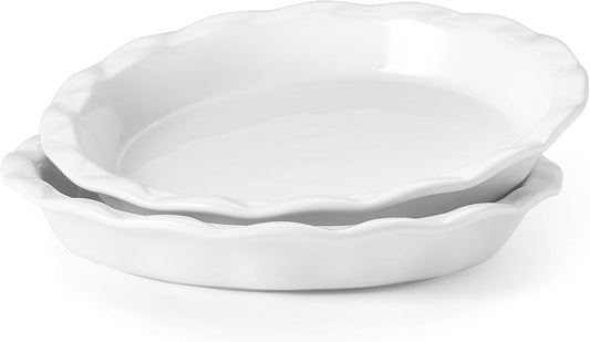 Lareina Ceramic Pie Pans for Baking, 9 Inches Pie Plate for Apple Pie, 36 Ounce Round Baking Dish, Set of 2, Thanksgiving day Gifts for Women, White
