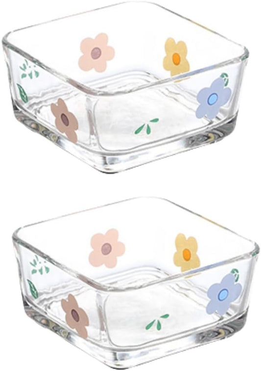 9 OZ Small Flower Candy Dish Floral Candy Bowl Cute Square Glass Bowl for Snack,Dessert,Fruit,Icecream,Yogurt,Dipping,Prep,Mini Clear Serving Bowl,set of 2