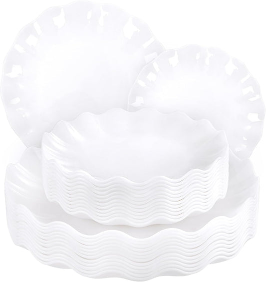 LIYH 24 Pcs White Plastic Plates Reusable - Unbreakable Party Plates, Microwave & Dishwasher Safe Camping Plate Sets Perfect for Parties, Birthday, Picnics, BPA Free (12Guests)