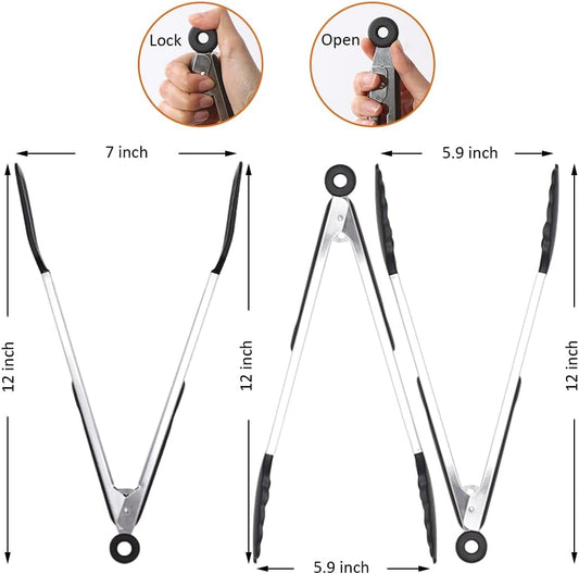 12 Inch Kitchen Tongs Set of 3, Silicone Tongs with Silicone Tips and Stainless Steel Handle, Tongs for Cooking, Baking, Grilling