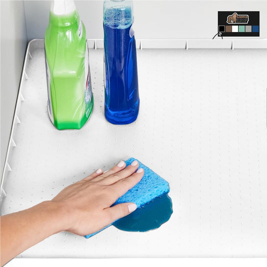 GORILLA GRIP Waterproof Silicone Under Sink Mat with Raised Lip for Kitchen and Bathroom, 31 x 22 in, Cabinet Shelf Liner Stay in Place Mats Dishwasher Safe Drawer Liner, Organizer Tray, White