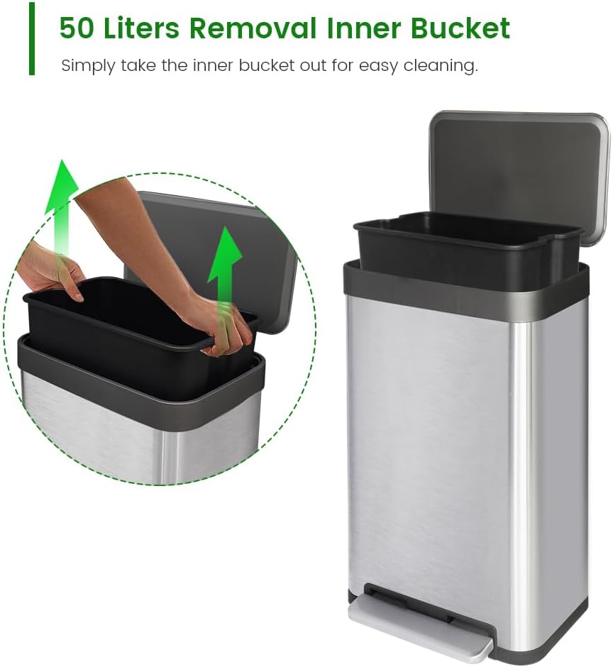 50 Liter / 13 Gallon Trash Can, Fingerprint Proof Stainless Steel Kitchen Trash Can with Removable Inner Bucket, Pedal Rubbish Bin for Home Offices and Public Areas