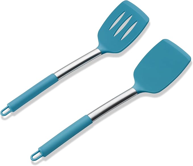 Silicone Spatula Set of 2, E-far Solid & Slotted Turner for Nonstick Cookware, Heat Resistant Rubber Kitchen Cooking Utensils for Flipping Fish Pancake Egg - Teal Blue