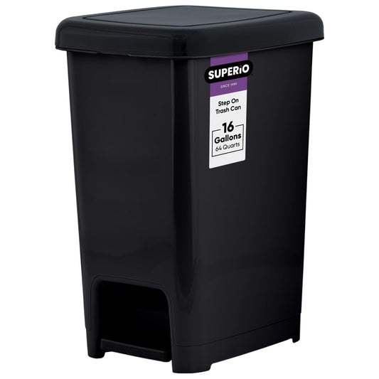 Superio Kitchen Trash Can, Slim Step On Garbage Can with Foot Pedal, 16 Gallon, 64 Qt. Large Black Heavy Duty Plastic Trash and Recycling Bin